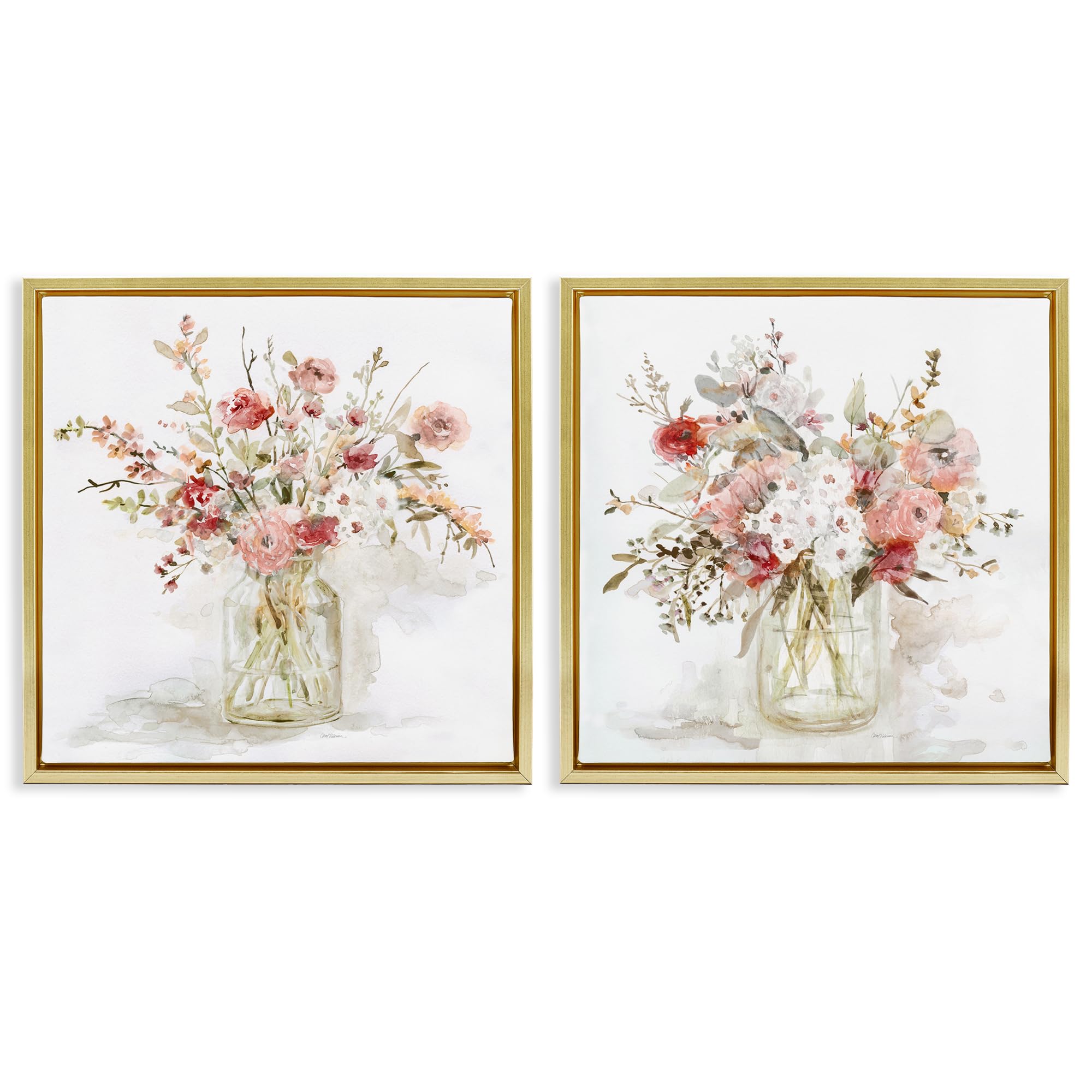 Stupell Industries 'Delicate Watercolor Bouquets in Glass', 2pc Floating Frame Art Set 2, Gold, 18 x 18 Inches, Easy to Hang and Sturdy, Made in USA, by Carol Robinson