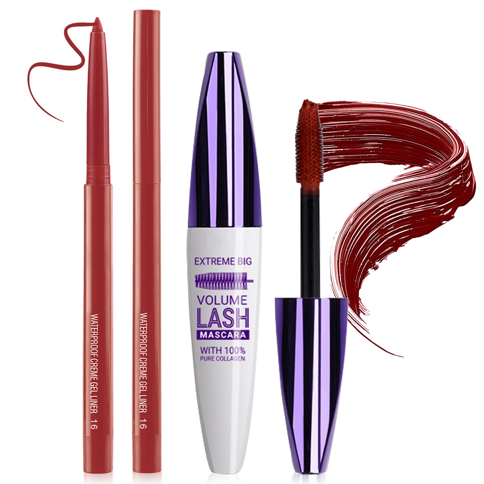 Burgundy Mascara and Eyeliner Set 5D Red Mascara for Eyelashes
