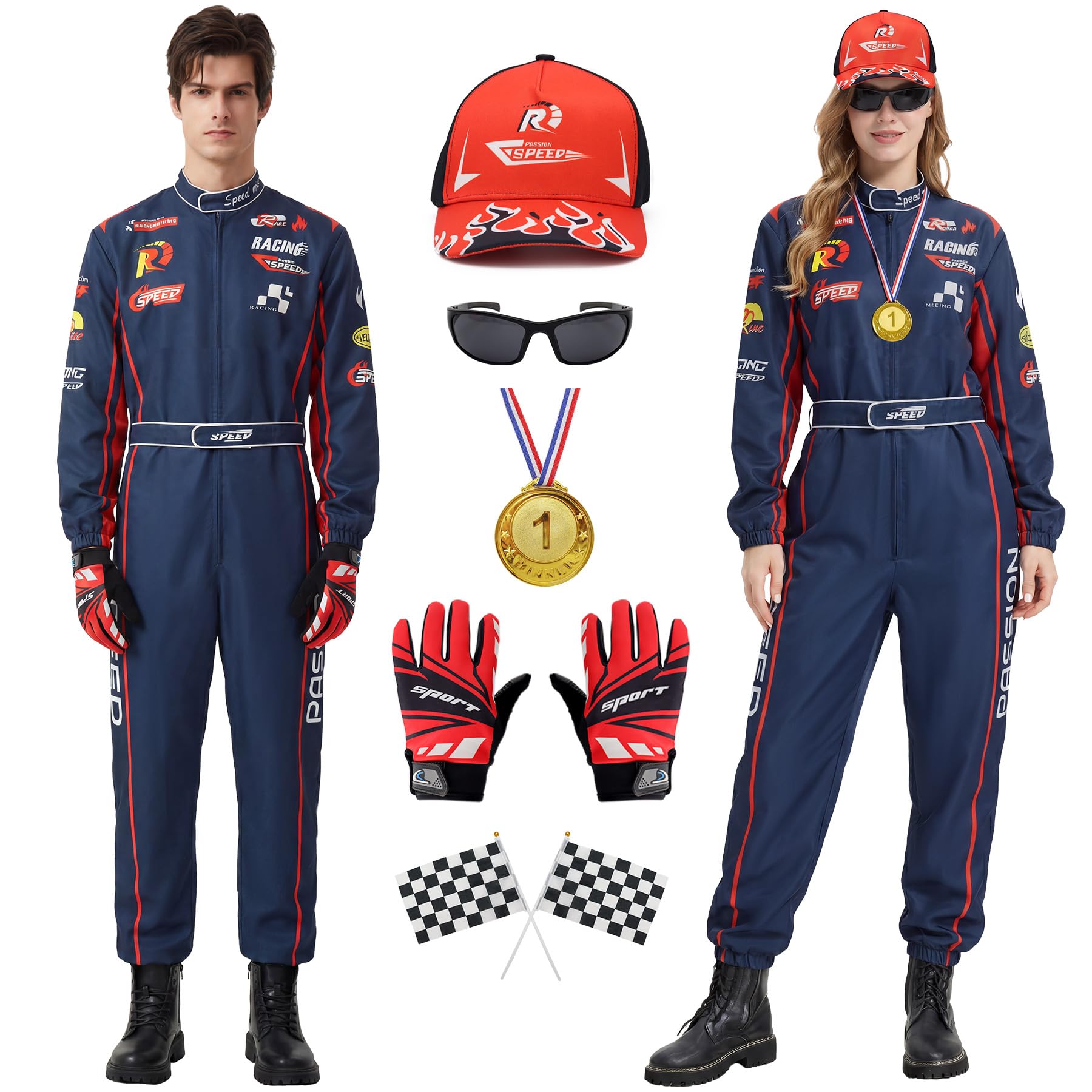 Race Car Driver Costume for Men Women Race Jumpsuit with Hat Sunglasses Gloves Halloween Adult Racer Suit Outfit (Navy, XL)