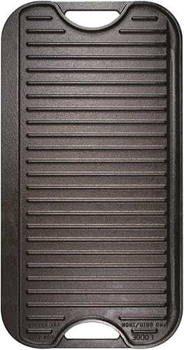 Miniatura 2 de Lodge parrilla de hierro fundido presazonada, reversible, con asas, 20 pulgadas x 10.5 pulgadas y prensa de hierro fundido presazonada con mango en