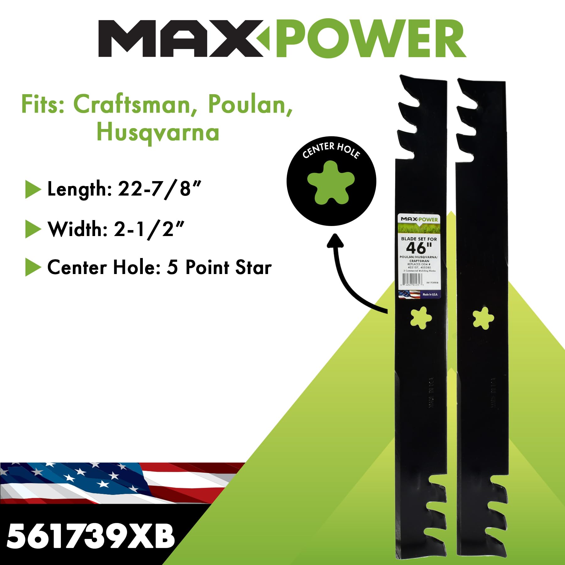 Maxpower 561739XB - Juego de mantillo Comercial de 2 Cuchillas para Muchos cortacéspedes Craftsman, Husqvarna, Poulan, sustituye a OEM # 403107, 532403107