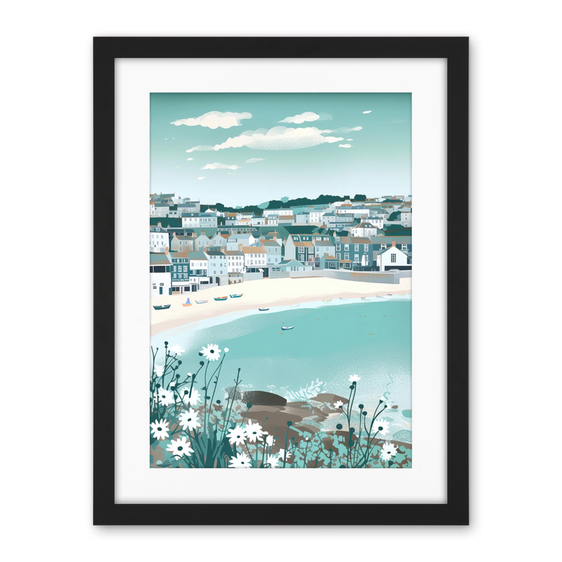 Artery8 St Ives Bay Daisies Soft Pastel Coastal Cityscape Artwork Framed Wall Art Print 18X24 Inch