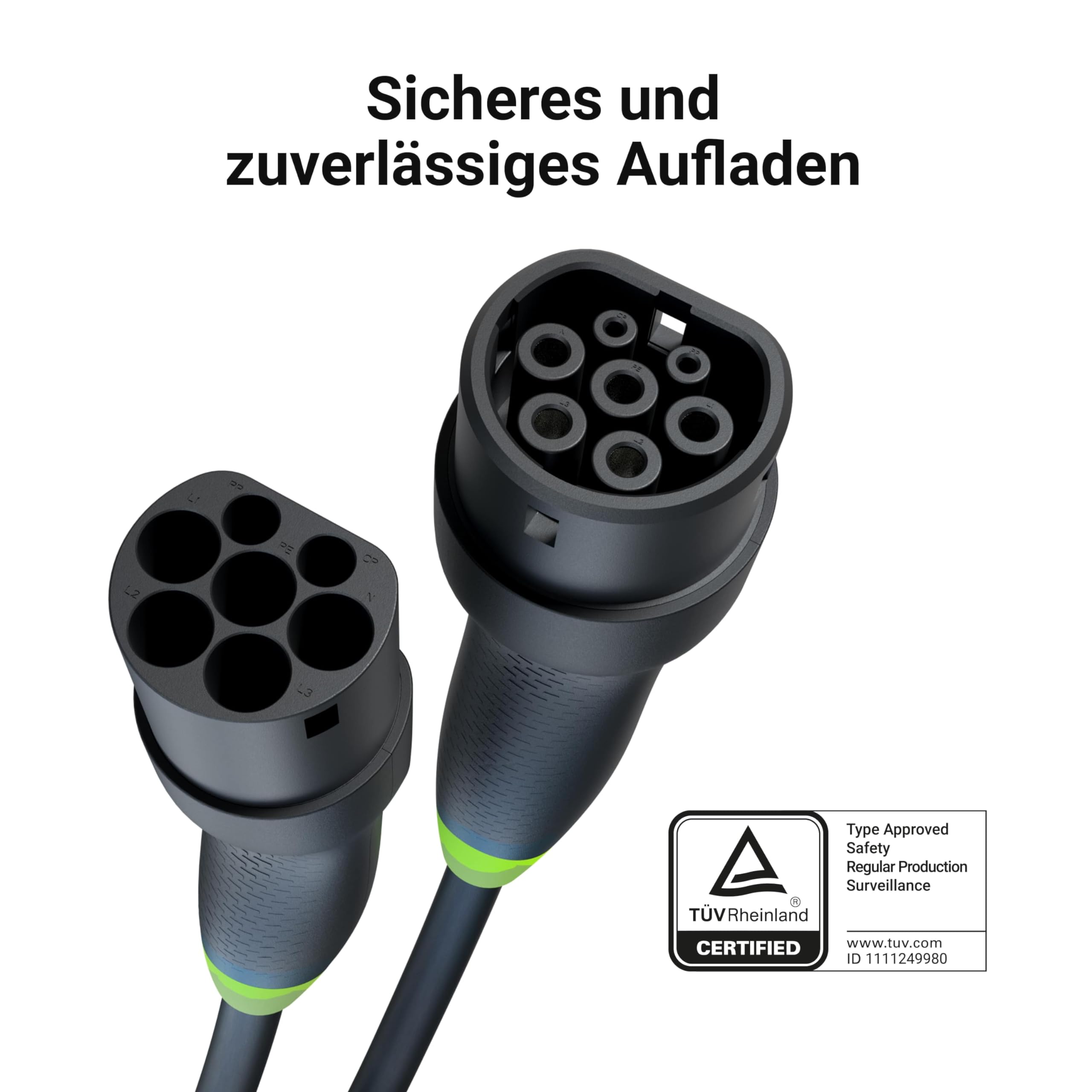 Green Cell GC Snap Typ 2 Ladekabel 11kW 5m 16A für EV Elektroautos Typ 2 auf Typ 2 3-Phasig TÜV Kompatibel mit Model Y 3 S X, ID.3, ID.4, Q4 e-tron, i4, iX1, 500e, Enyaq, EV6, EQA inkl Premium Koffer - 5