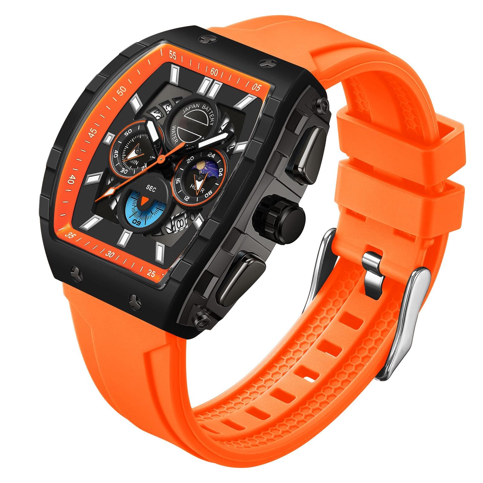 findtime Orologio da uomo con cronografo, analogico, sportivo, impermeabile, da corsa, cronometro, con fasi lunari luminose, unico Tonneau, orologi da uomo di seconda mano