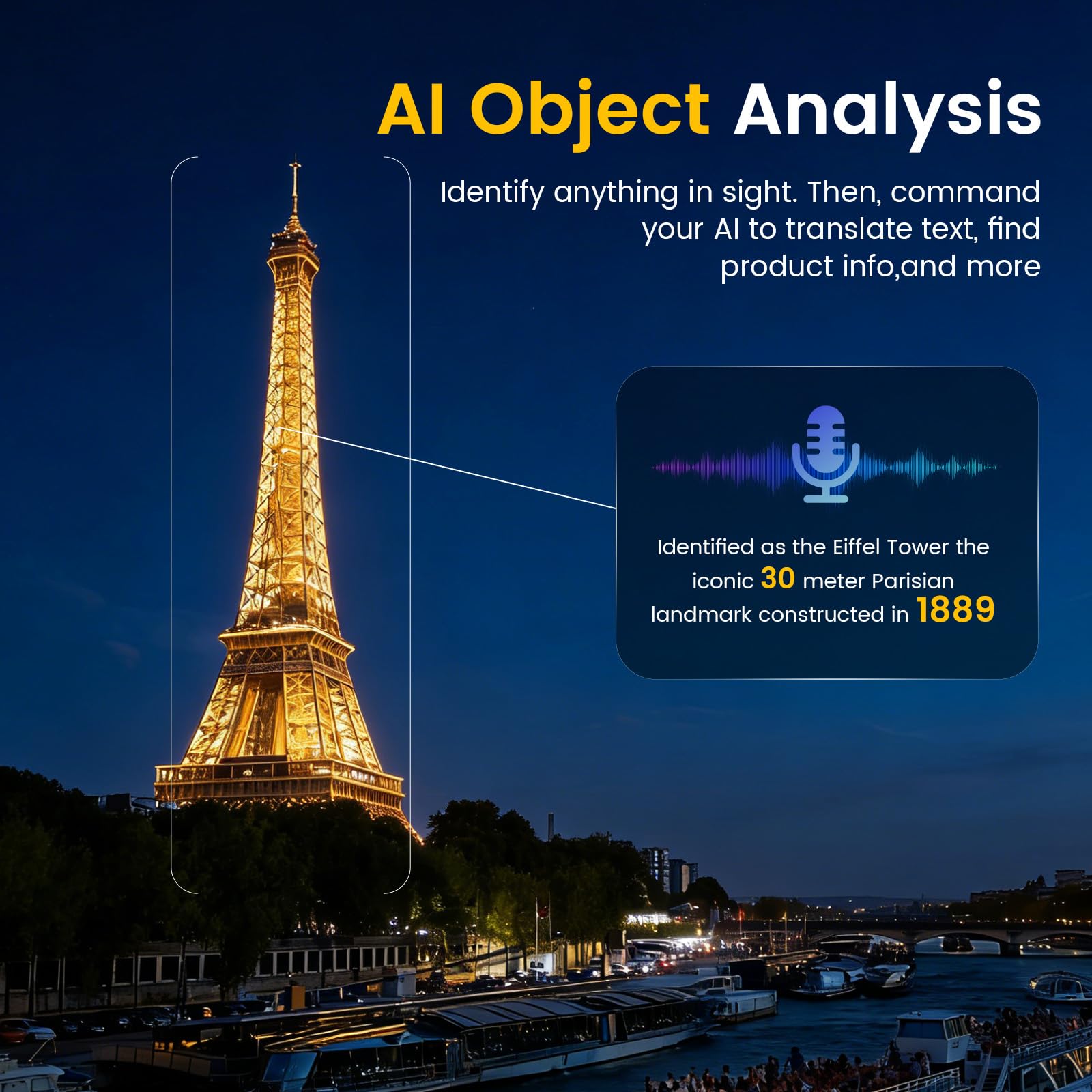 AI Lunettes Connectées Caméra 8MP, avec Stabilisation d'image, Enregistrement Photo/Vidéo/Audio, Traduction Temps Réel, Assistant Vocal, Reconnaissance d'Objets pour Voyage et Travail