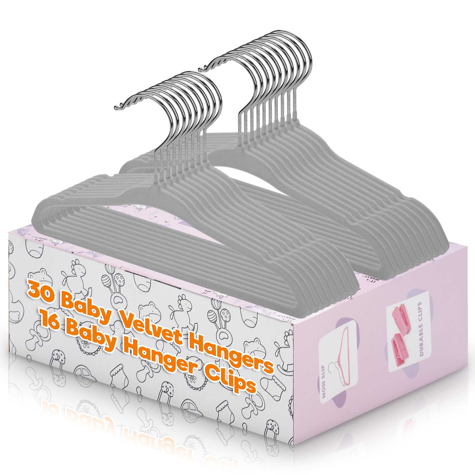 Babyrish Perchas de Terciopelo para bebé con Clips de 28 cm, ultrafinas, Fieltro Antideslizante, Organizador de Ahorro de Espacio para habitación Infantil y niños pequeños, Color Gris, 30 Unidades
