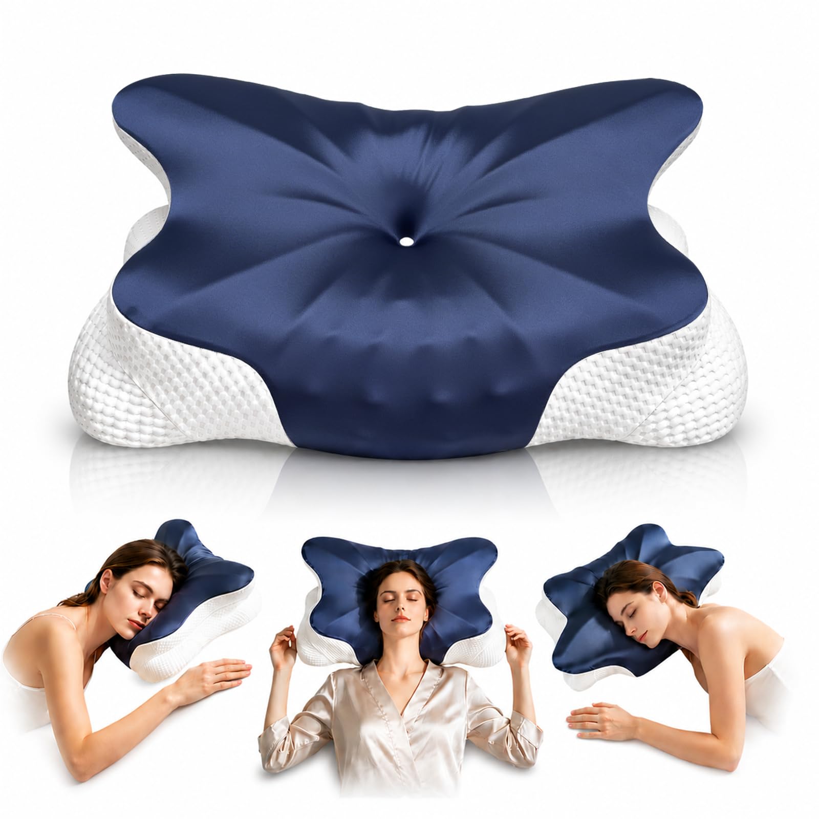 Ergonomisches Kopfkissen - Zwei Höhen Seitenschläferkissen mit Kühlender Eisseide-Bezug, OEKO-TEX® Zertifiziert Memory Foam Nackenkissen für Seiten, Rücken & Bauchschläfer, Mitternachtsblau-Weiß