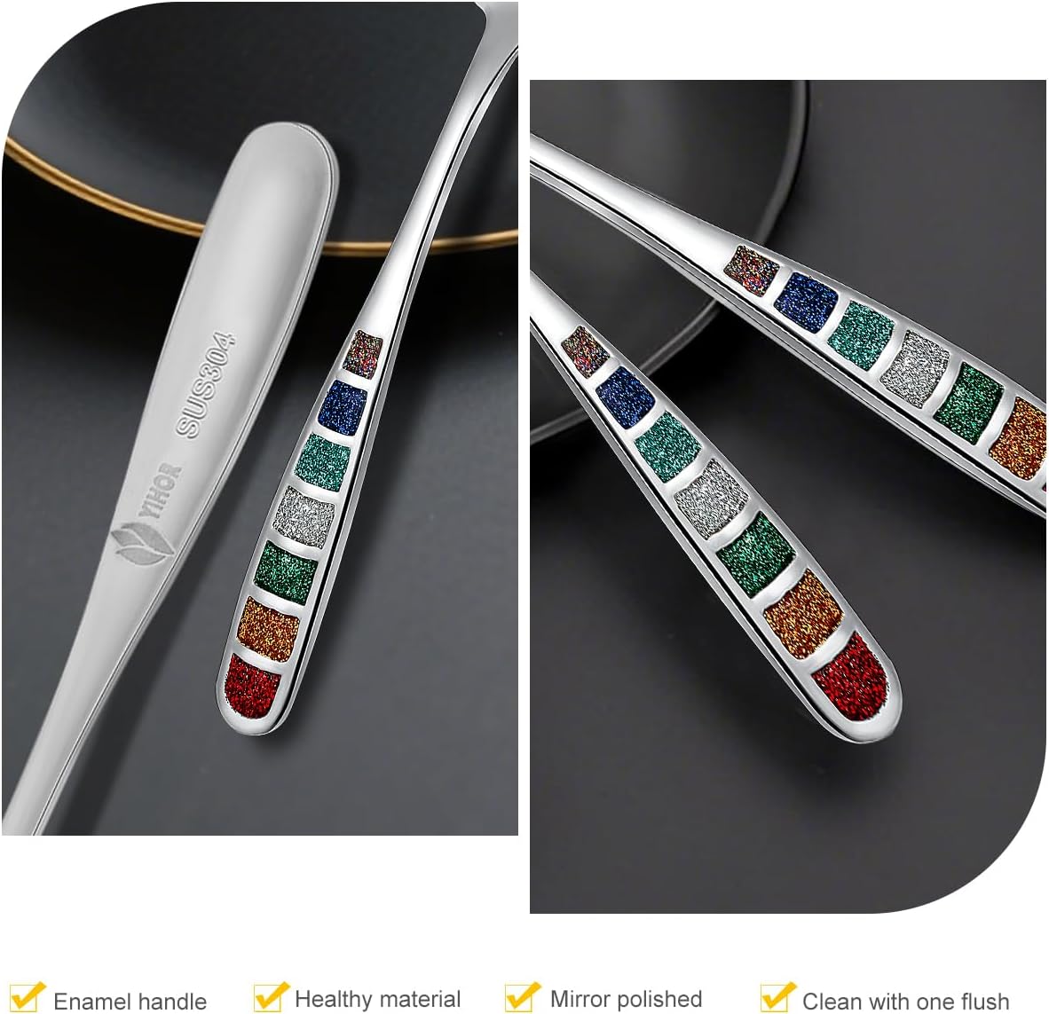 Premium 7.24" European Soup Spoons, Stainless Steel creative colorful enamel spoon drinking spoon, Dishwasher Safe Disinfection cabinet Set of 6