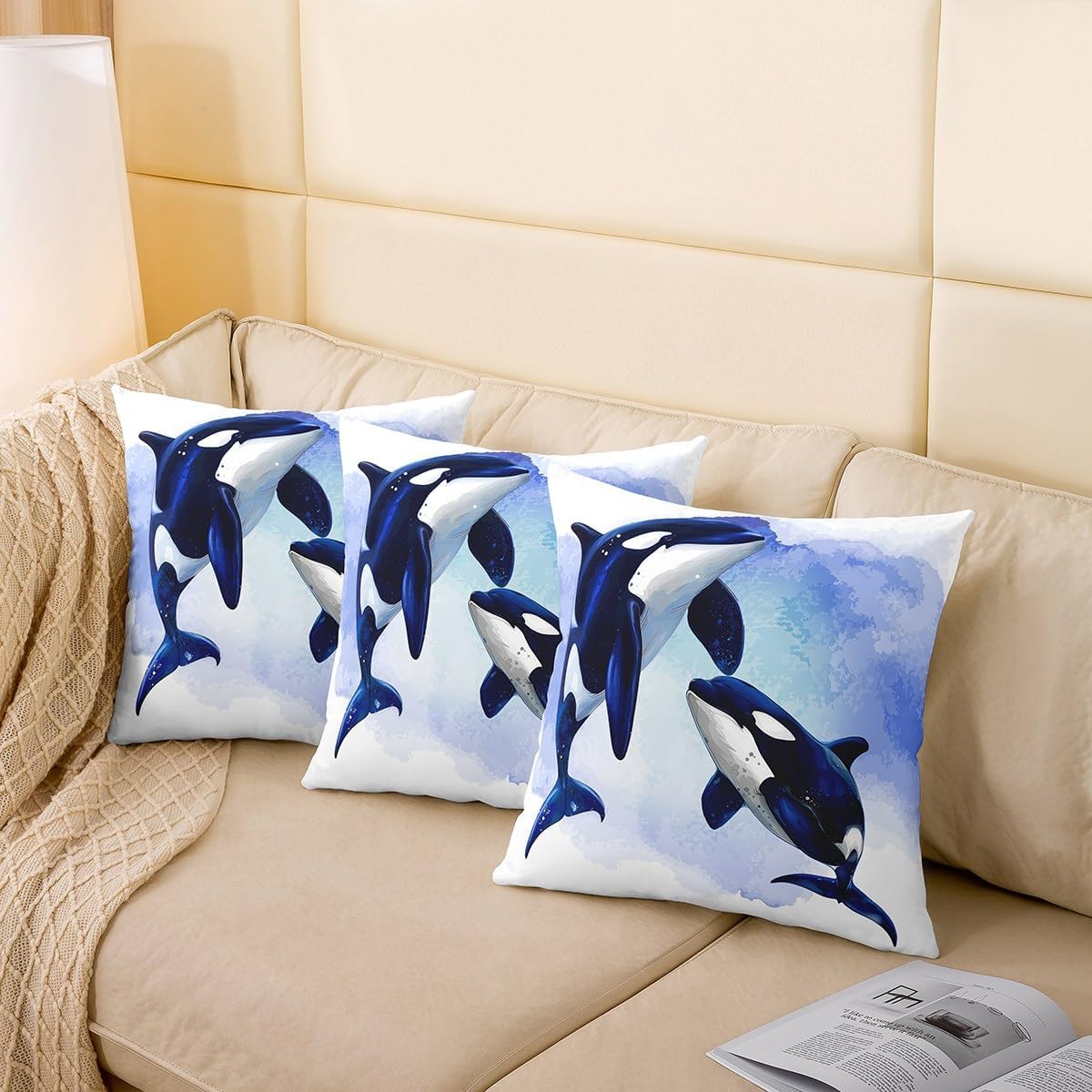Erosebridal Killer Whale Throw Pillow Covers Pack of 2 24x24 Inch,Coastal Wildlife Pillow Covers for Kids Boys Girls,Blue Tie Dye Cushion Covers,Tropical Ocean Animal Decorative Pillow Covers