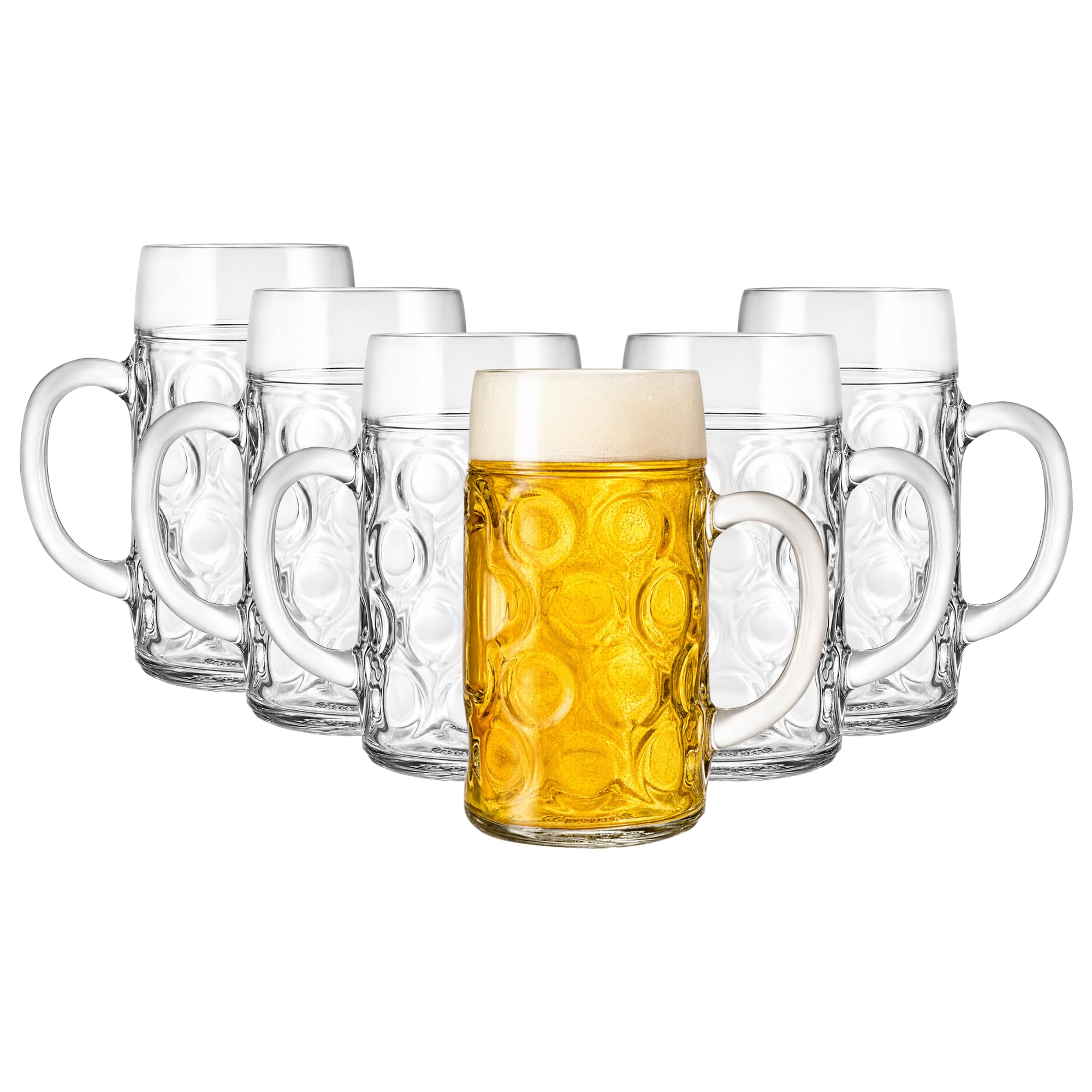 Chabrias Ltd German Beer Stein Glass 1 Litre / 2 Pint - Large Oktoberfest Style Beer Mug Tankard, Dimpled Extra Clear Glass for Lager Ale Cider, 44oz Brimful, Made in Italy (6, 2 Pint) — image 1