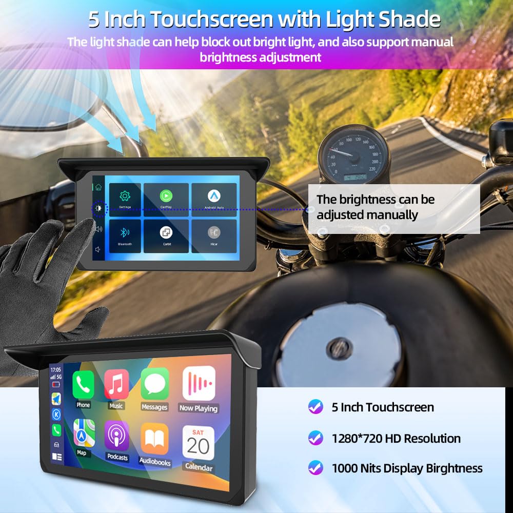 VSYSTO Schermo Carplay per moto, Carplay wireless e Android Auto, touchscreen da 5 pollici, display con indicazione della temperatura e della tensione della batteria,navigazione GPS, assistente vocale