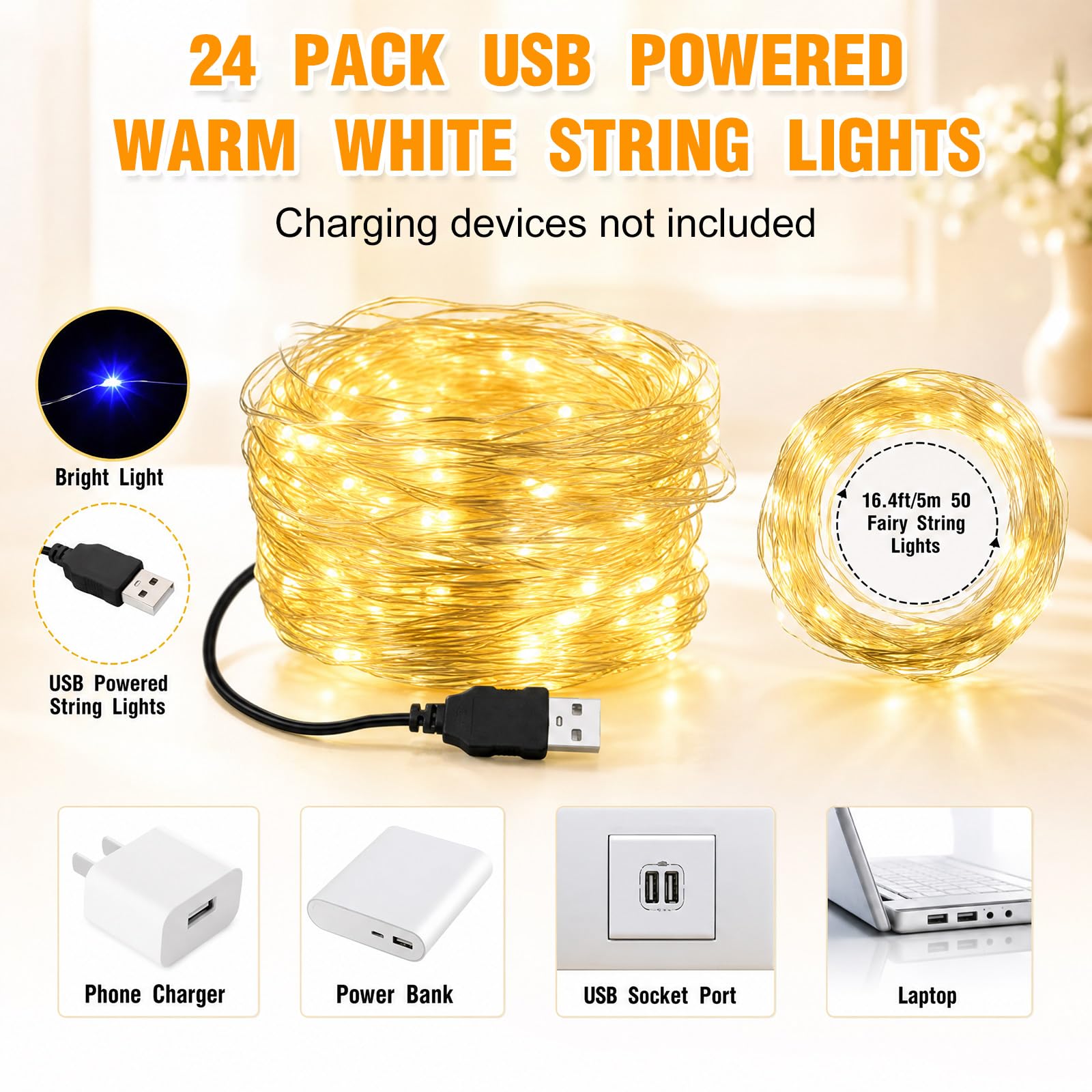 Macarrie 24 luces de hadas alimentadas por USB de 16 pies, 50 luces LED para interiores y exteriores, dormitorio, bricolaje, fiesta, boda, hogar, festival, árbol, jardín, decoración de Navidad (blanco