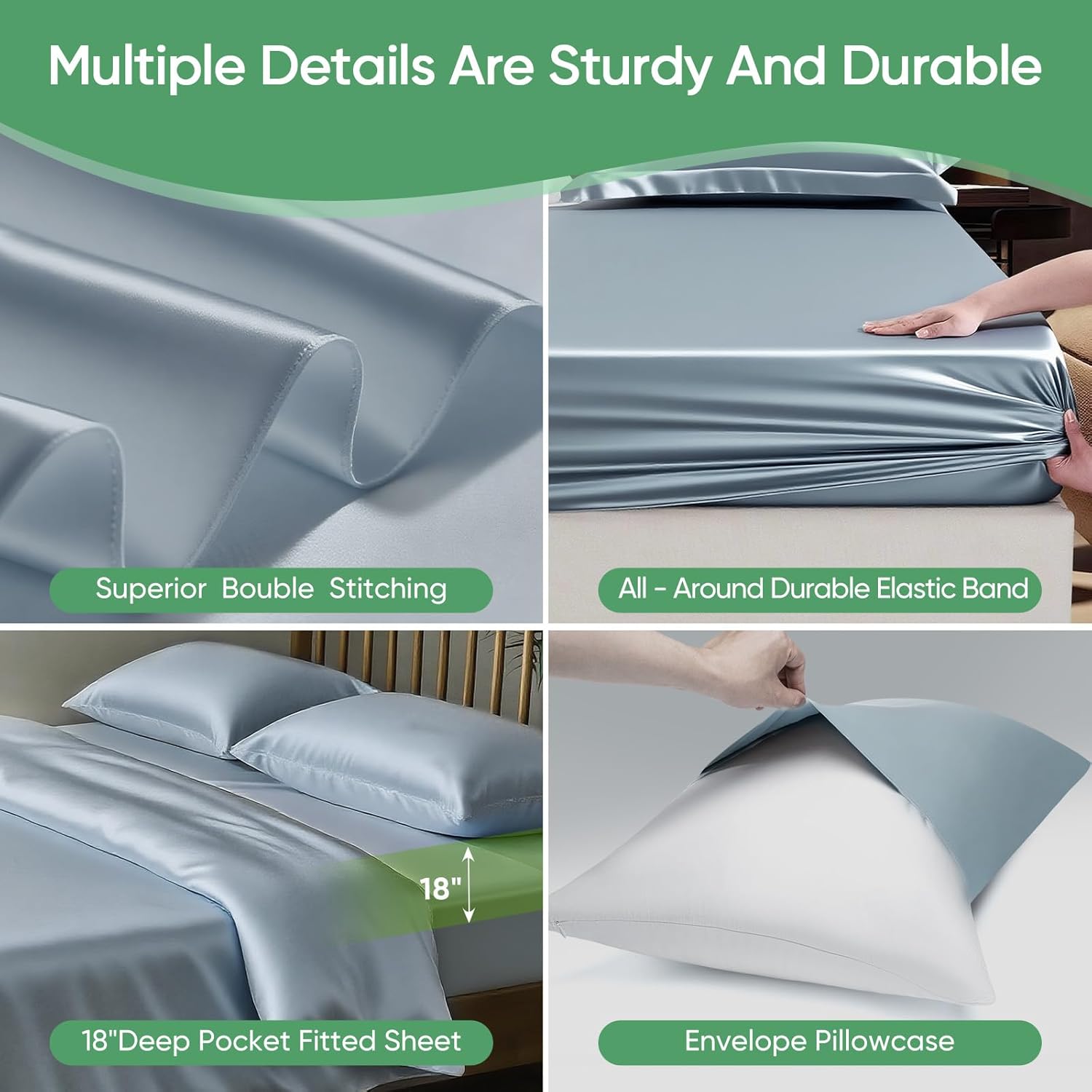 Luxury Organic Tencel & Viscose from Bamboo Cooling Sheet Set,Silky Soft Lyocell Sheets with Deep Pocket, Hypoallergenic & Breathable Bedding with Pillowcases (Sterling Blue, Queen) - Image 8