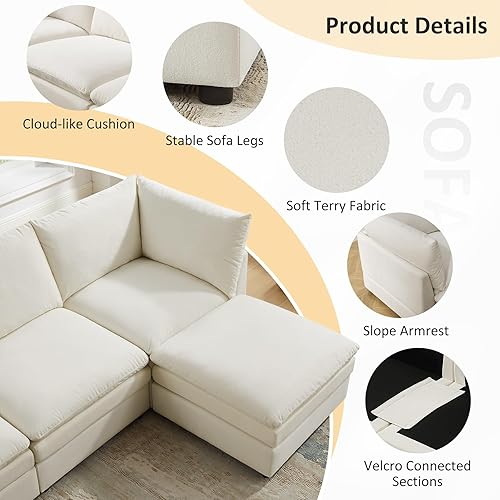 Miniatura 6 de VANOMi Sofá modular Cloud de 98 pulgadas para sala de estar, sofá cama moderno de gran tamaño con asiento profundo, otomana de cojín grueso de doble