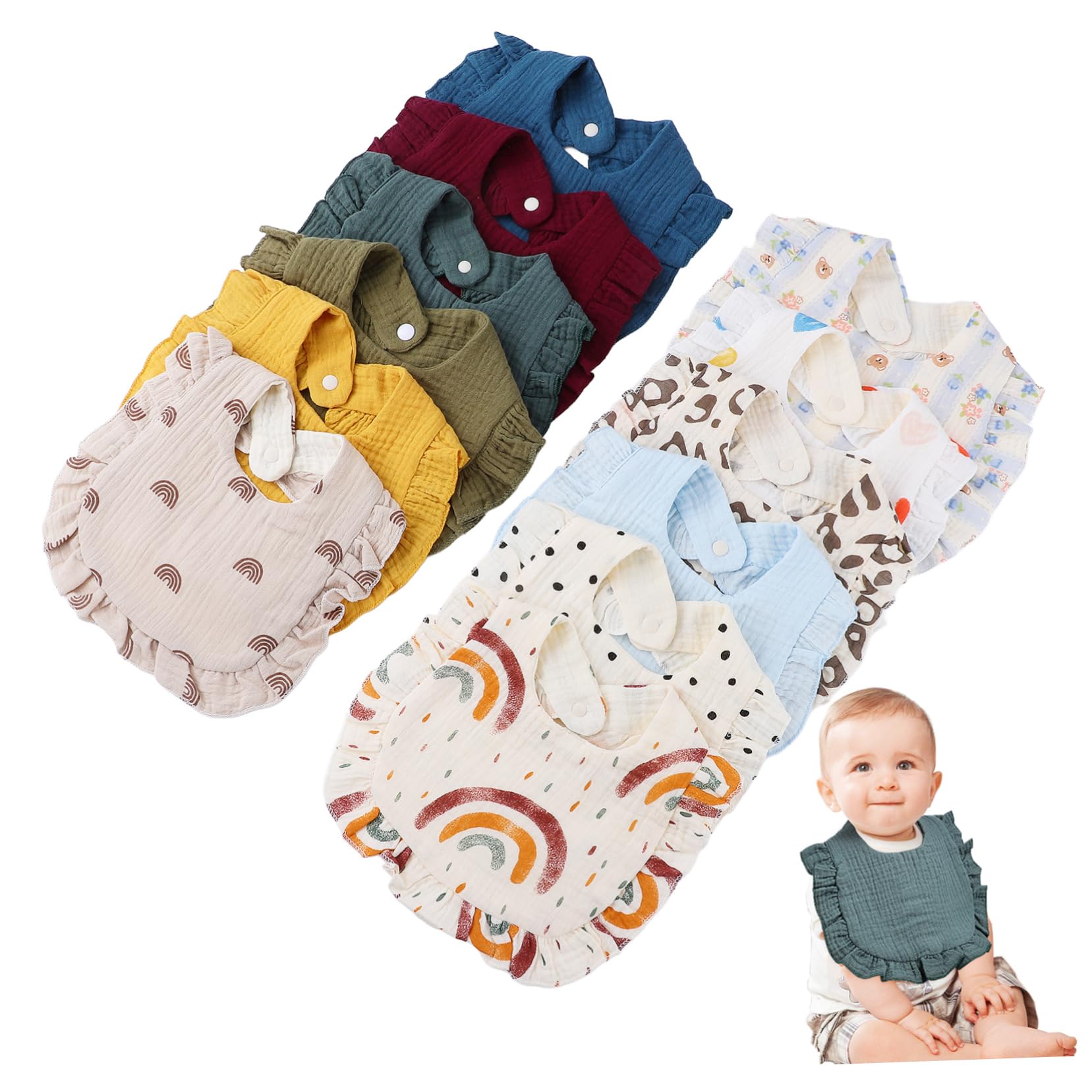 TOYANDONA 12 Stück Baumwolle Super Saugfähige Weiche Sabberlätzchen mit Druckknopfverschluss für Neugeborene für Füttern und Sabbern Bunten Designs