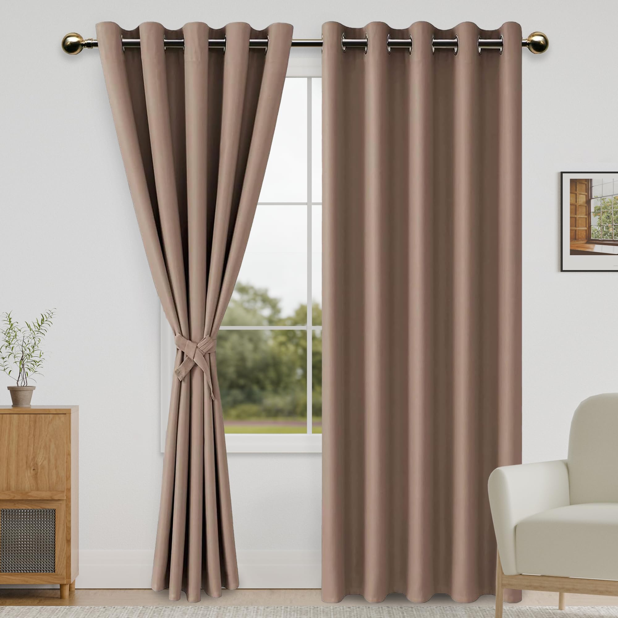 DWCN Blackout Curtains for Bedroom with Tiebacks - Room Darkening Privacy Grommet Top Window Curtains for Living Room, 60 x 84 inch Length, Cappuccino, Set of 2 Panels — image 1