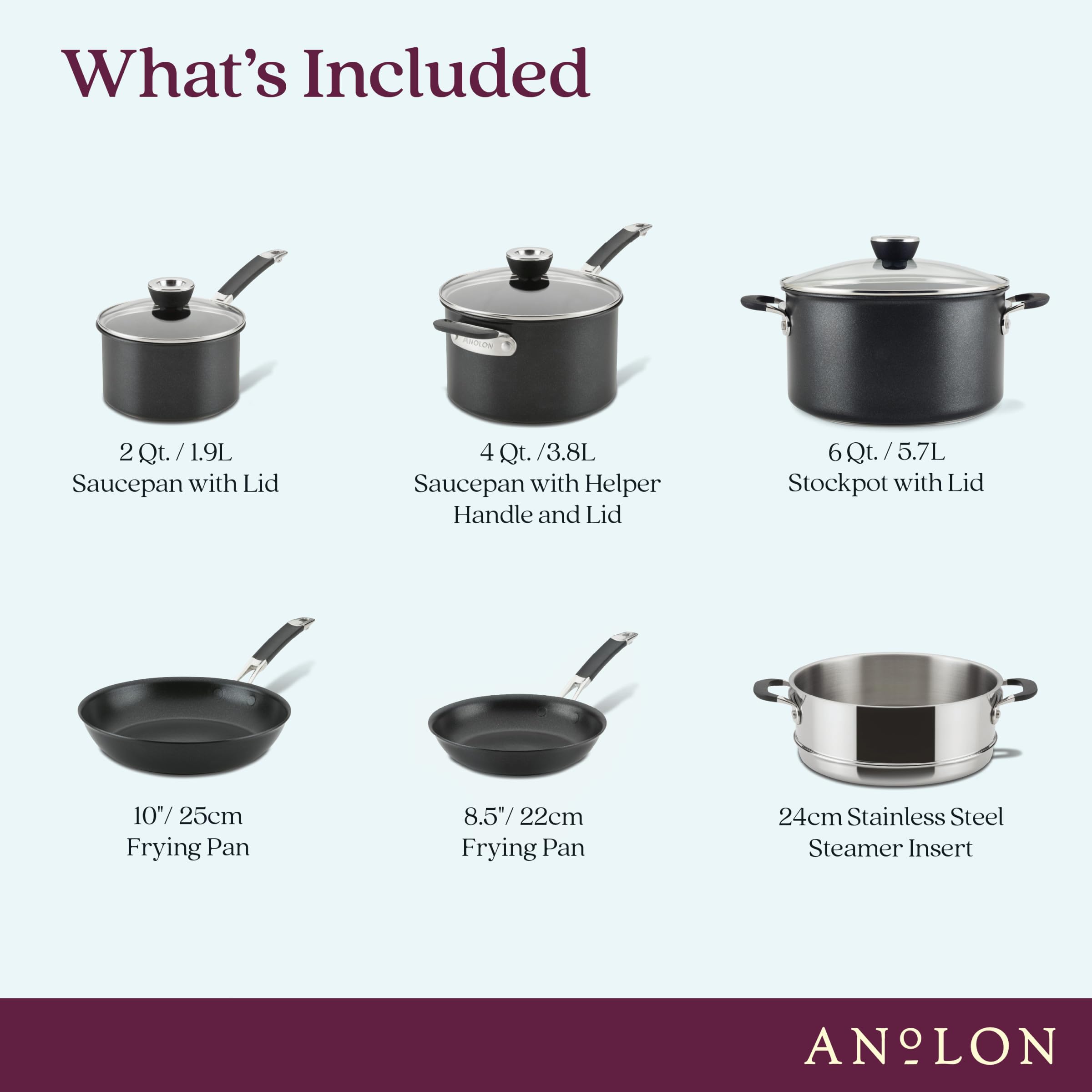 Anolon SmartStack Hard Anodized Nonstick Induction Nesting Cookware/Pots and Pans Set, Dishwasher Safe, 9 Piece - Black