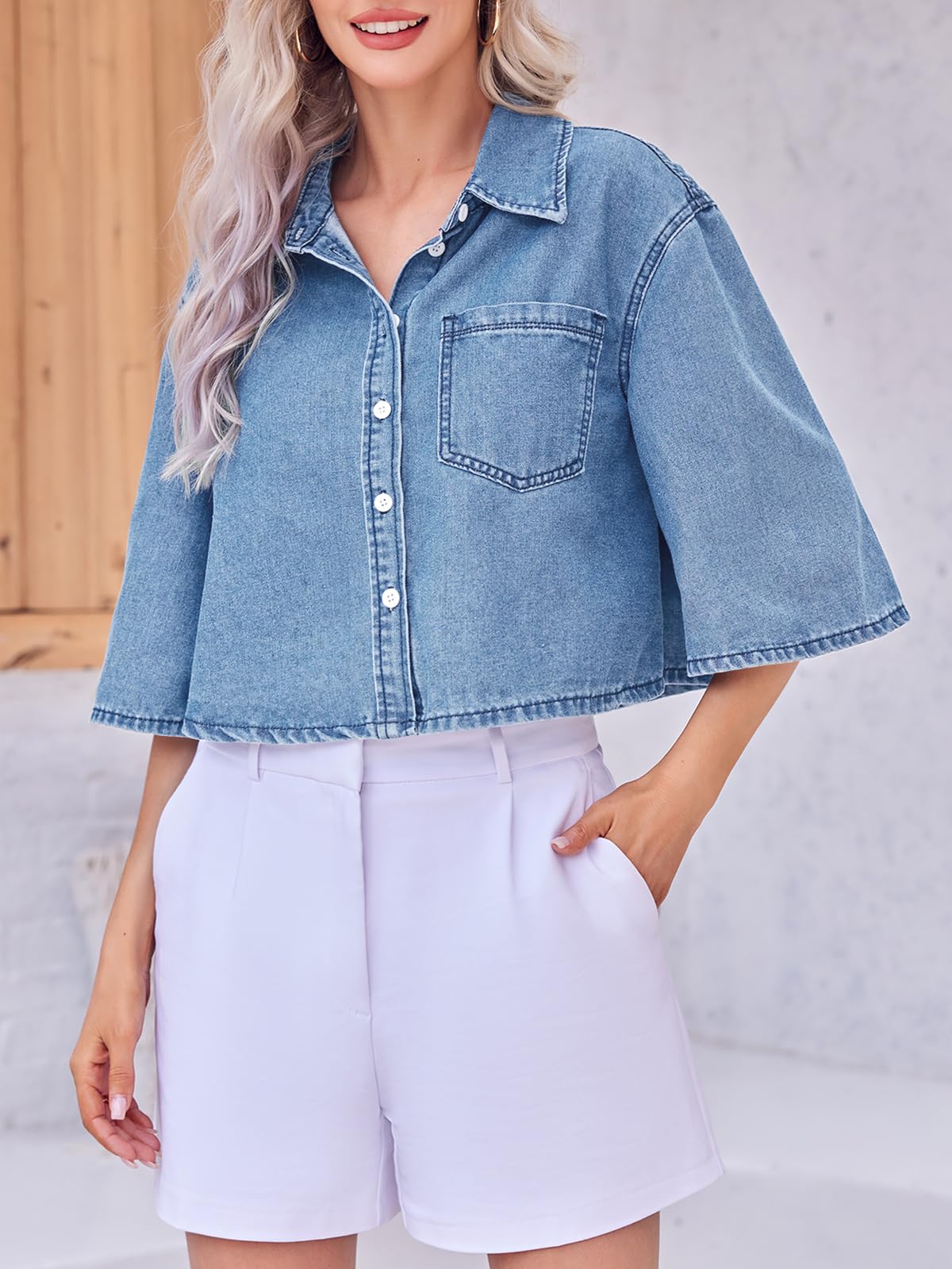 Tankaneo Kurze Jeansjacke für Damen, halblange Ärmel, Knopfleiste, kurze Jeansjacke mit Tasche