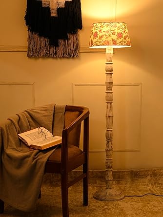 Green Girgit Wooden Distress White Floor Lamp with Taper Red Daisy Multicolor Lamp Shade | Light Decoration for Home | Living Room & Bedroom Bedside Floor Lamp | Wooden Floor Lamp