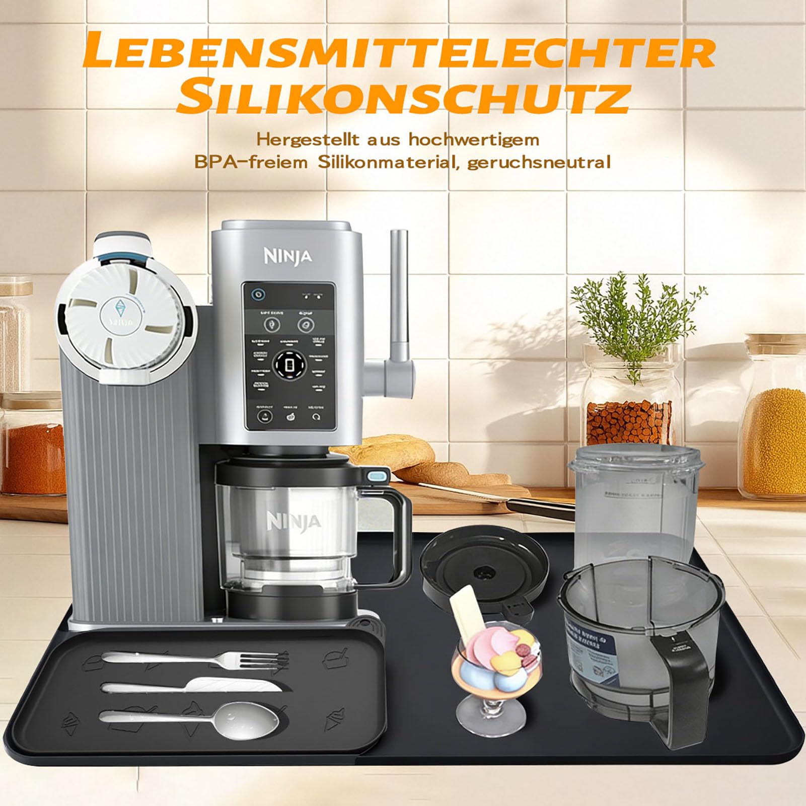 Gleitunterlage für Ninja Creami Eismaschine NC700/500/300 Arbeitsplattenmatte, 3 Stück Silikonmatte Set für Ninja Creami Zubehör mit Ablaufrinne, Verdicktes Design zur Reduzierung von Vibrationsgeräus