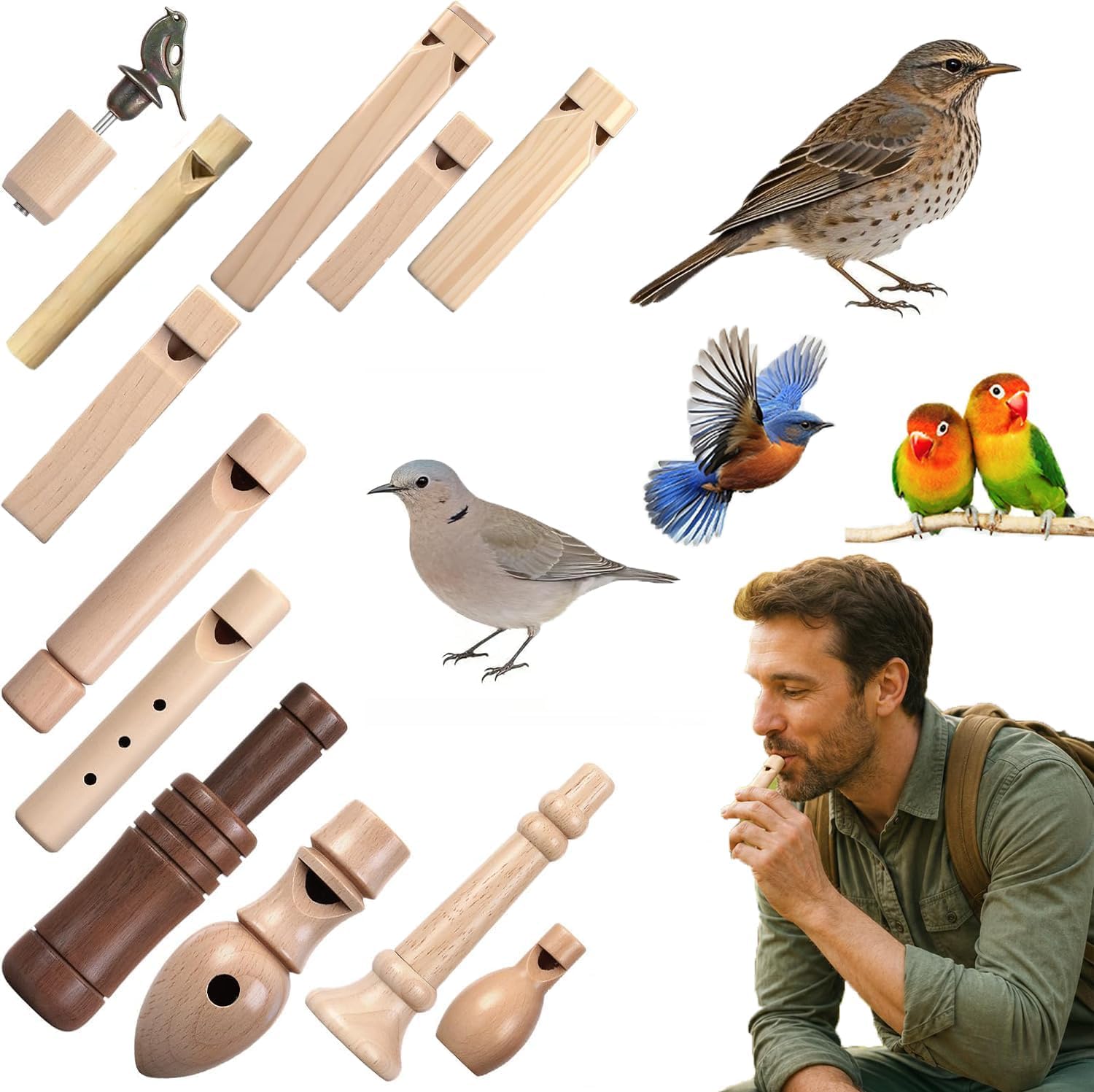 12-Piece Wooden Bird Whistle Set Handcrafted Bird Whistles- Bird Watching Gifts- for Nature Enthusiasts, Outdoor Exploration- and Education Includes Portable Storage Pouch | Gifts for Bird Lovers