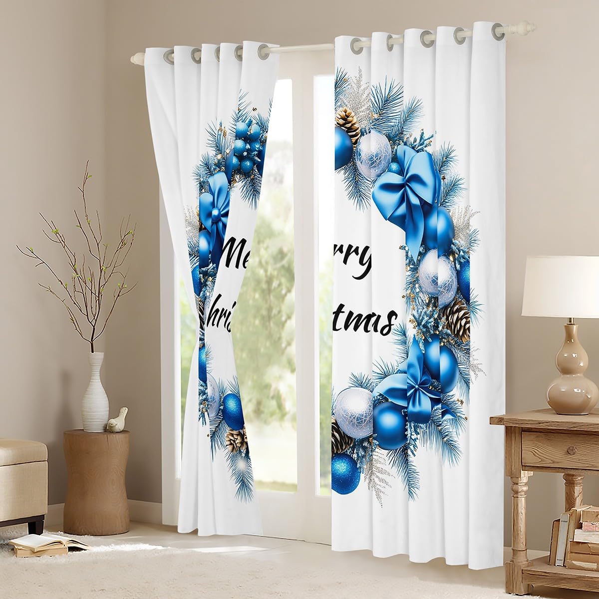 Homewish Tende per finestre natalizie, 168 x 228 cm, 2 pannelli, tende oscuranti con scritta "Merry Christmas" e "Merry Christmas", tendaggi invernali per finestre, per camera da letto