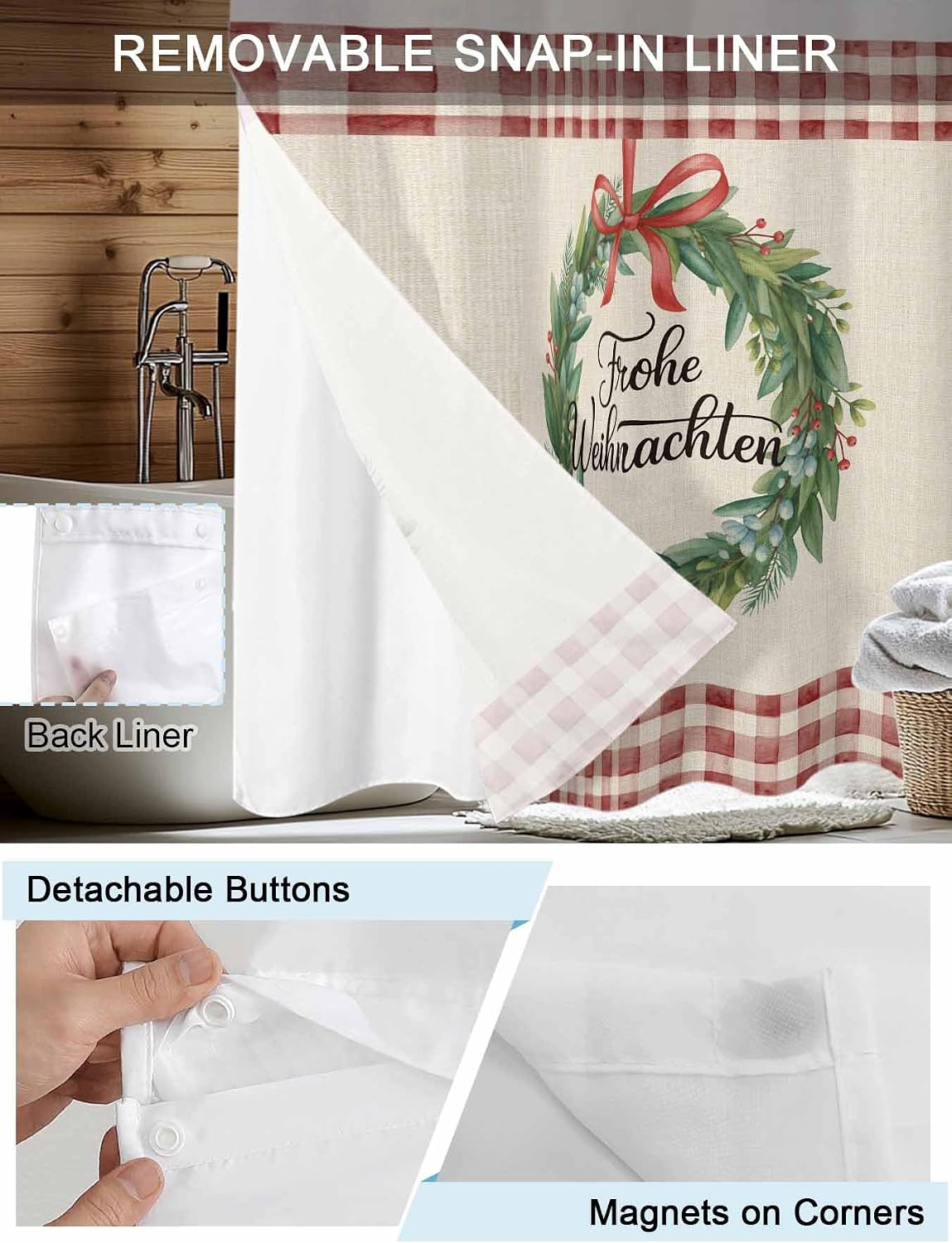 No Hook Shower Curtain, Merry Christmas Standard Shower Curtains with Snap in Liner, Xmas Wreaths Burlap Red Plaid Rustic Waterproof Washable Fabric Bathroom Curtain Sets, 60" x 72"