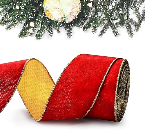Hying Cintas de Feliz Navidad para lazos de corona, cintas de borde con alambre de Navidad, cinta de terciopelo rojo festivo, cintas de feliz año