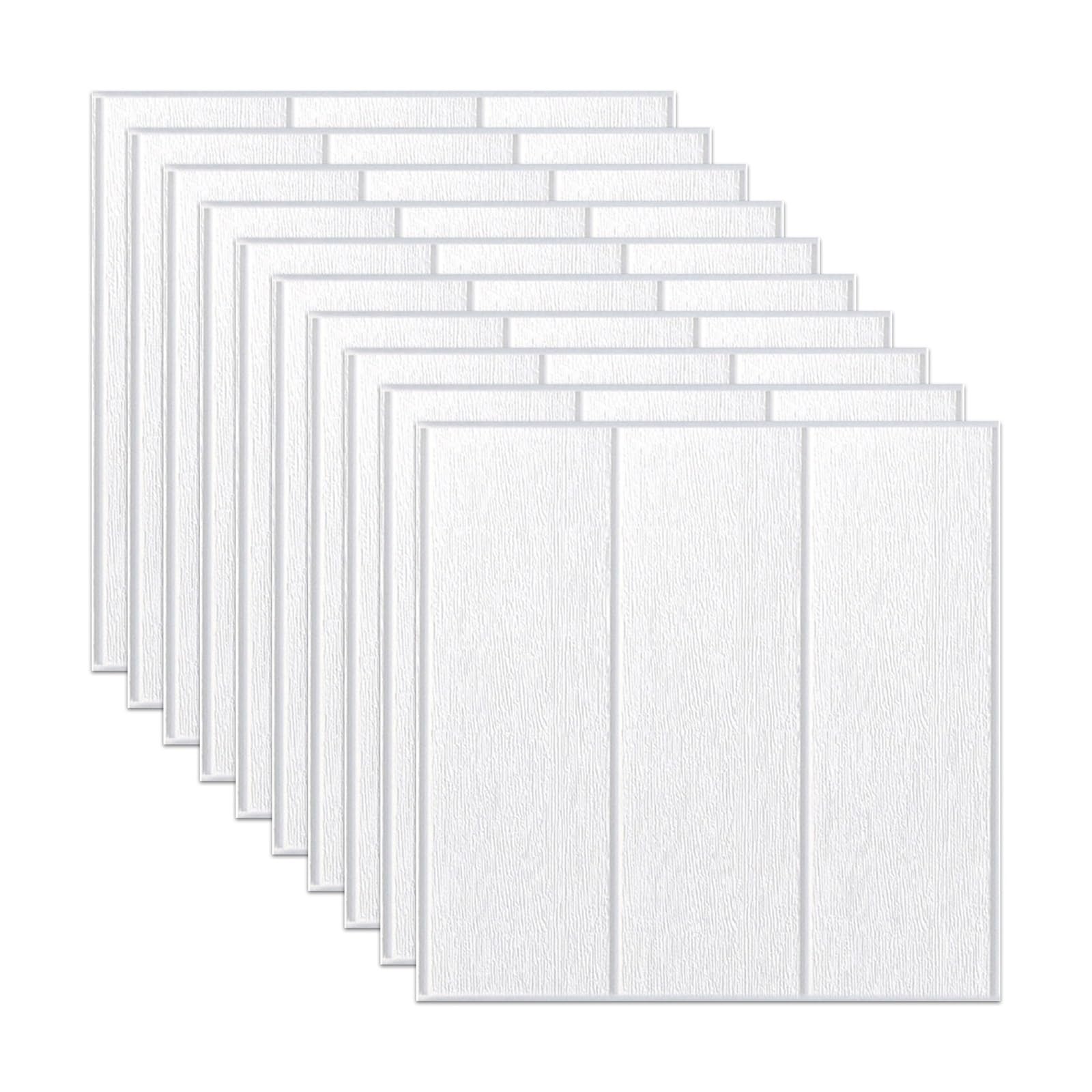 Stick On Tiles 10pcs 35X35cm 3D Wall Stickers Self-Adhesive Tile Stone Brick Sticker Wood Grain Foam Waterproof Moisture-Proof Sticke(White)
