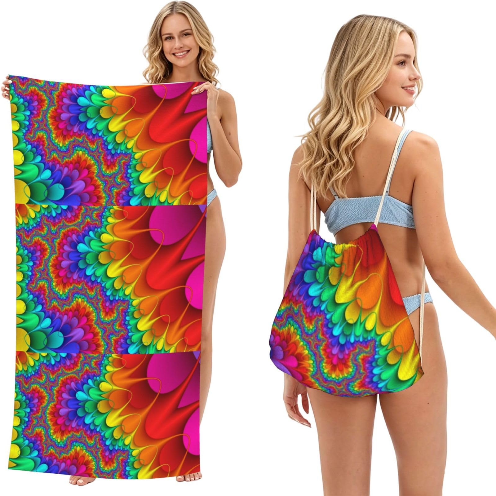 Poadnly As Picture Bright Color, 2 In 1 Packable Towel Bag, Beach Towels With Drawstring Backpack For Travel Holiday Camping