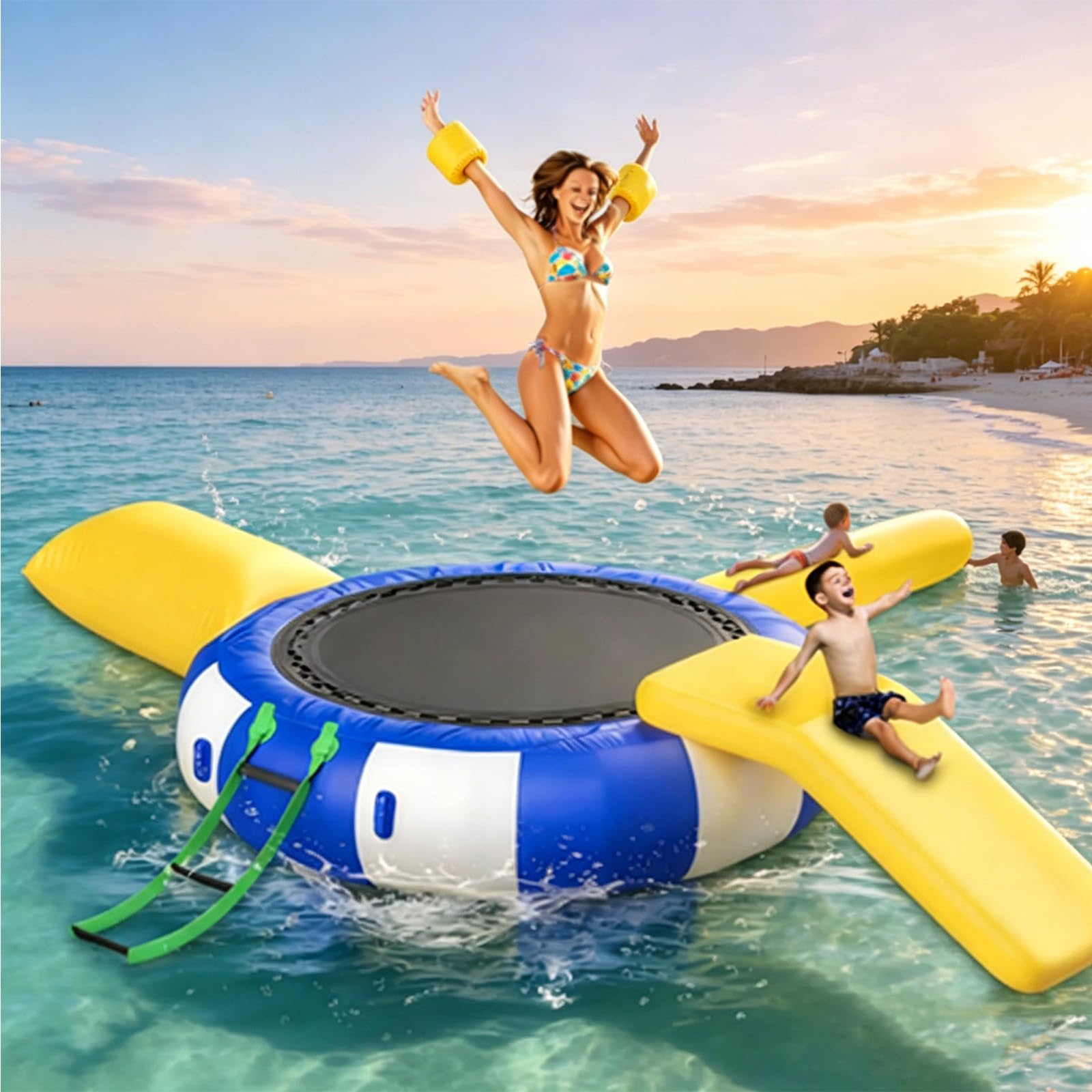 NSACMD ,10FT,Inflatable 10Ft Water Trampoline for Lake & Pool – Bounce Swim Platform with Slide, Slide Tube, Diving Pillow Bag & Water Surfing Leisure Park