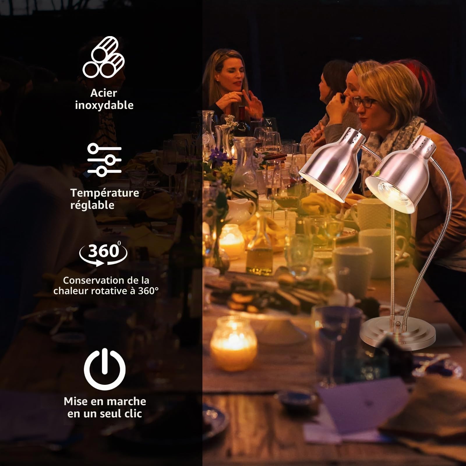 Lampe chauffante de cuisine - 250 W - Lampe infrarouge - Double tête - Autonome - Pour buffets, salle à manger, hôtels, commerciaux, maintien au chaud des aliments (or rose)