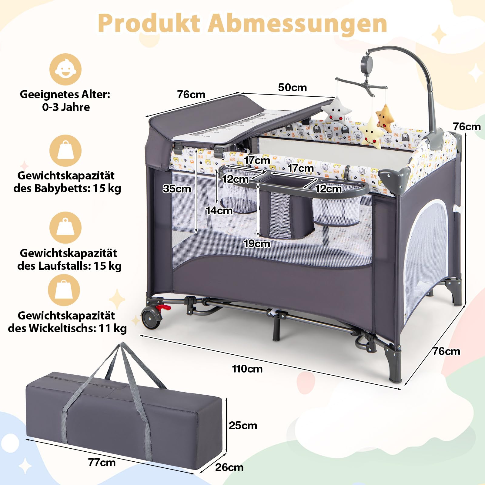 DREAMADE Reisebett mit Matratze, 5 in 1 Beistellbett Baby mit Rollen & Wickelauflage & Spieluhr, 110×76cm Babybett mit Tragetasche, für Neugeborene & Baby (Bunt)