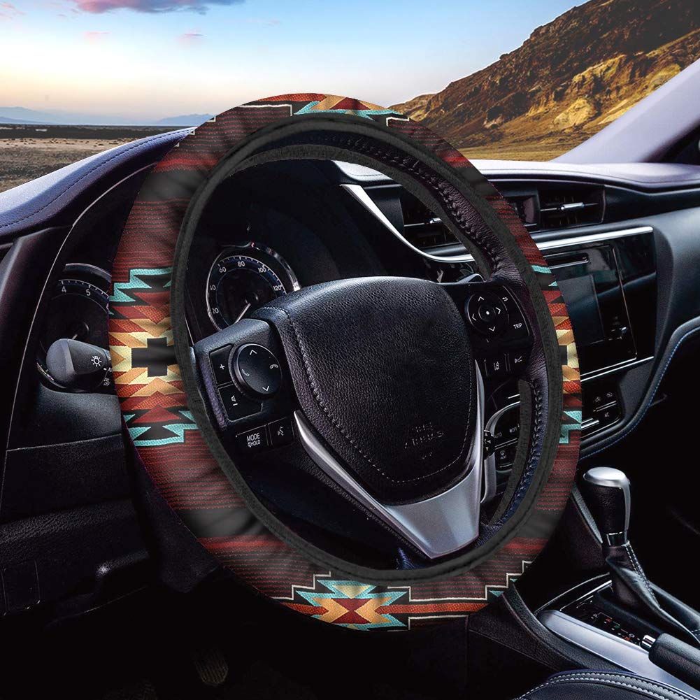 Jiueut Tribal Native Aztec Red Print Soft Stretchy Car Steering Wheel Covers Auto Car Wrap Cover,Breathable and Anti-Slip,Universal for Car Truck SUV