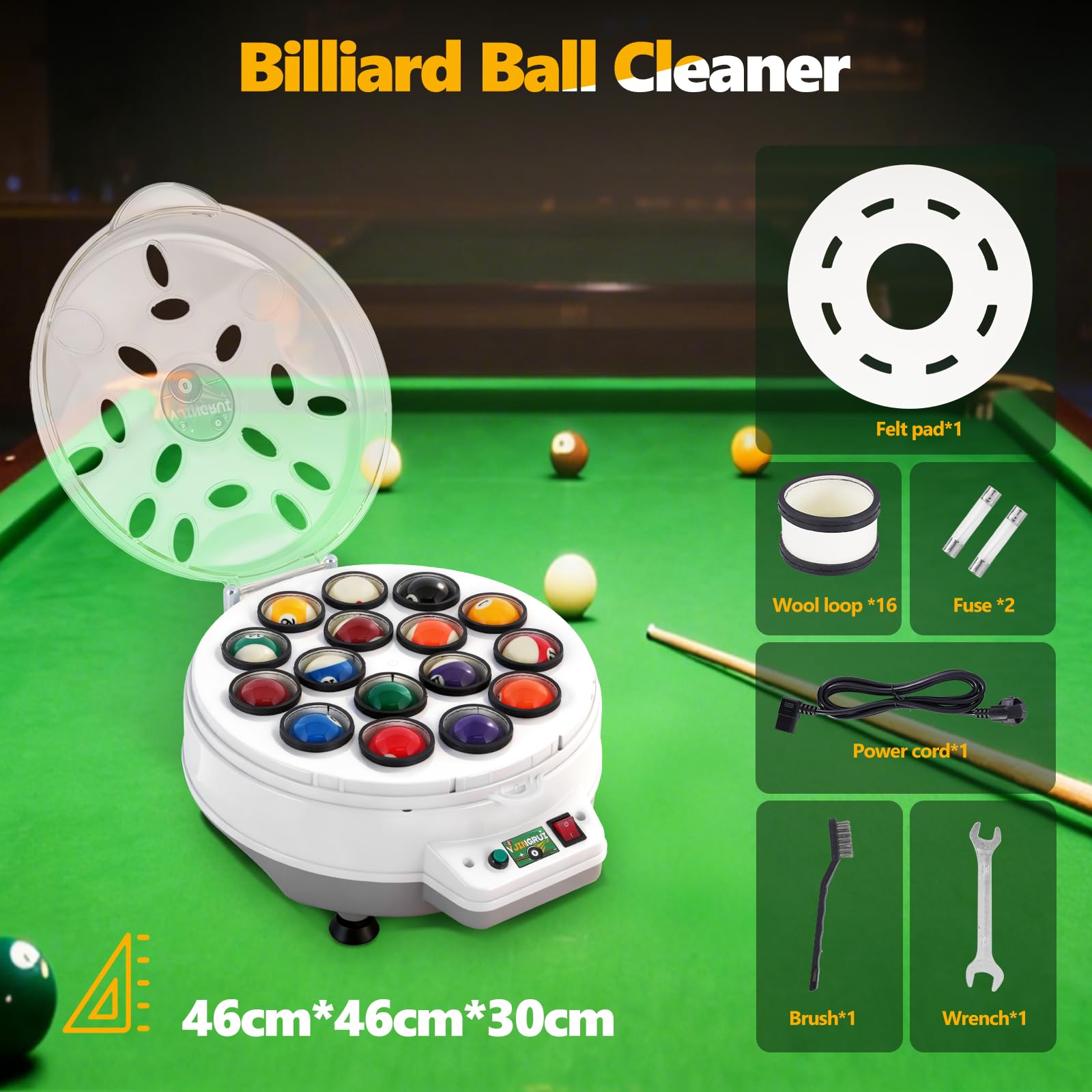 YJINGRUI Automatischer Billardkugel Reiniger,16 Balls Poolball-Reiniger-Poliermaschine, Billardkugel Reinigungsmaschine, mit Schraubenschlüssel und Bürste für 57,2 mm Billardkugeln