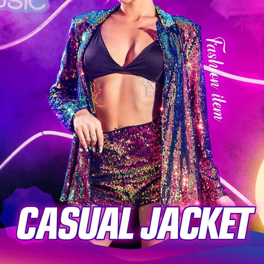 JEWEKY Sequin Blazer Glitter Open Front Blazers Jackets Sparkly Party Jacket Lapel Long Sleeve Cardigan Coat for Women