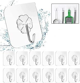 Transparent Hooks - 22lb/10kg (Max), 12 Pack Sticky Wall Hooks, Waterproof and Oil-Proof, Non-Trace Reusable Heavy Duty Wall Hooks for Kitchen and Bathroom