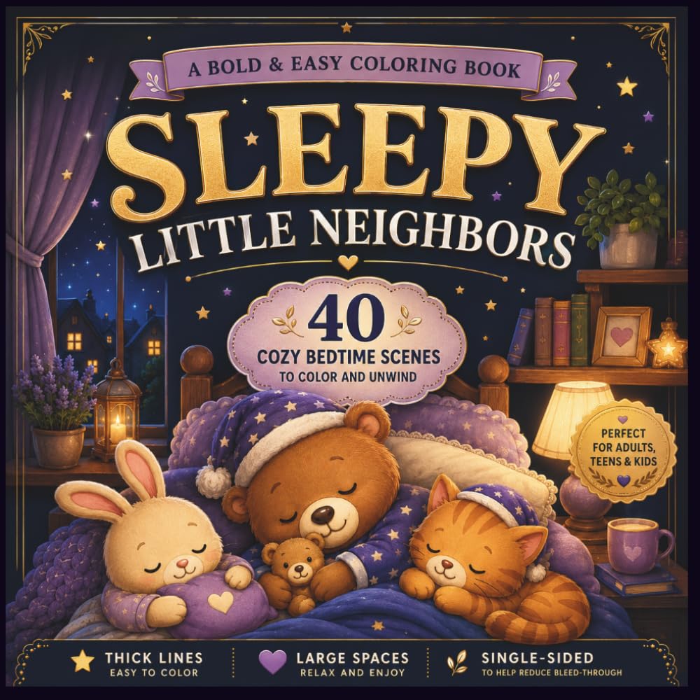 Sleepy Little Neighbors: A Bold & Easy Coloring Book: 40 Cozy Bedtime Scenes to Color and Unwind