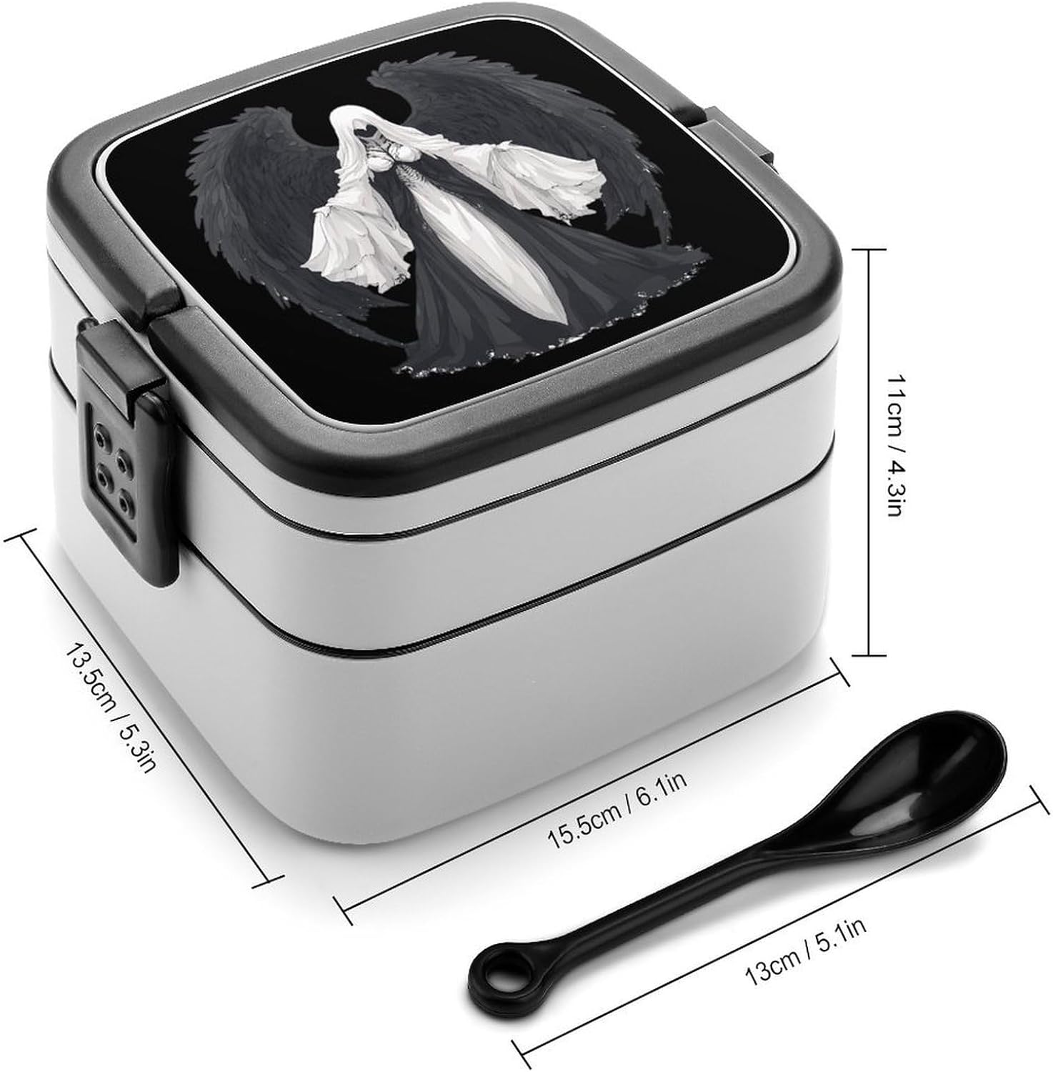 Death-Angels Skull Bento Box with Spoon 2 Layer Food Container Cute Lunch Box for Travel Dining Work