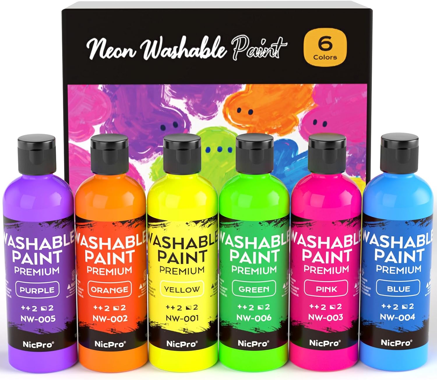 Nicpro 6 Colors Fluorescent Washable Paint Set for Kid (4 oz, 120ml), Glow in the Black Light, Non Toxic Neon Tempera Paints for Art, Craft DIY, Poster & Finger Paint, School, Home, Classroom, Party