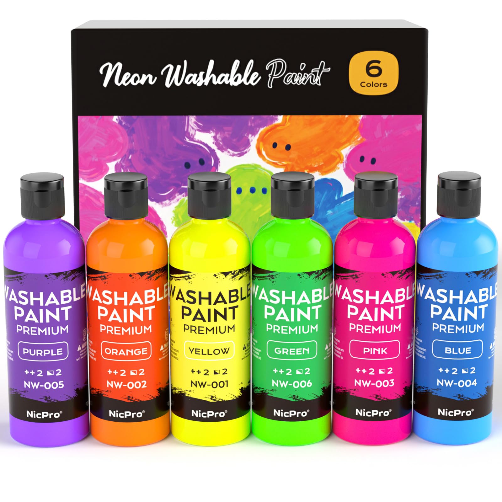 Nicpro 6 Colors Fluorescent Large Washable Paint Set(16.9 oz), Glow in the Black Light, Non Toxic Neon Tempera Paints for Art, Craft DIY, Poster & Finger Paint, School, Home, Classroom, Party