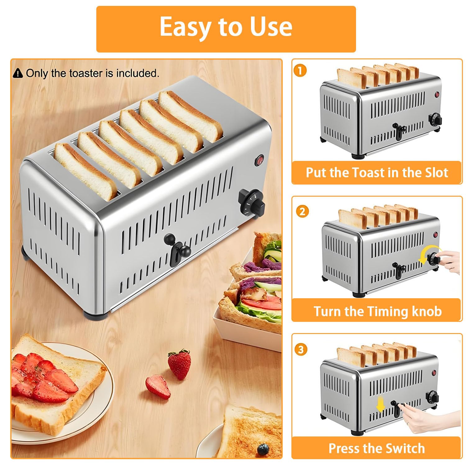 Tostadoras comerciales de Acero Inoxidable de 2240 W, tostadora Comercial de rebanadas, Calentamiento Uniforme, Tiempo Ajustable y cocción rápida, Pan, sándwiches y Pastel de Carne. 6Slots