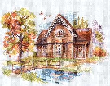 Autumn House Near Trees Cross-Stitch kit on Aida 16 Count Canvas. Autumn River and Bridge. Cross Stitch kit by Alisa 3-21