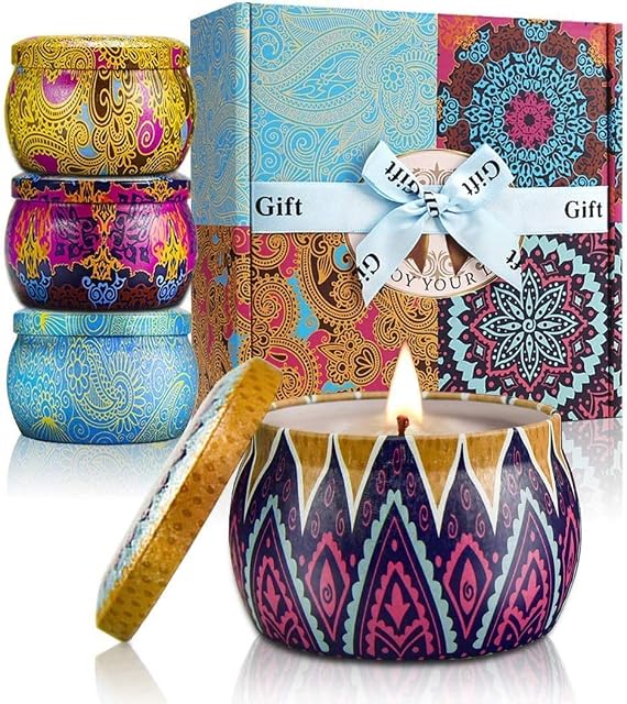 YMing Scented Candles Gifts for Women, 5.65 oz Large Aromatherapy Candles, Scented Candles Gift Set, Real Soy Wax Portable Travel Tin Candle, 4 Pack Metal, Birthday gifts for her, Mother's Day