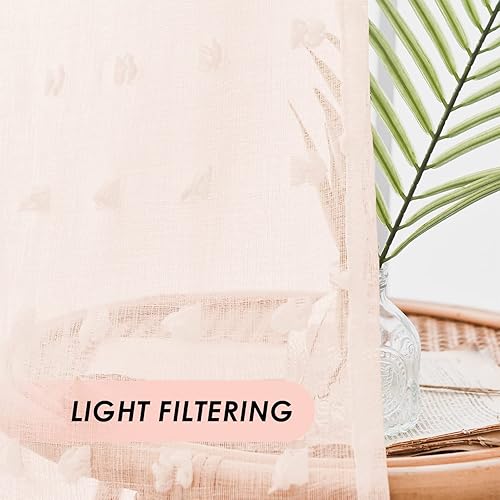 Miniatura 4 de VANASEE Cortinas traslúcidas con pompones y bolsillo para barra de cortina para sala de estar, 52 x 84 pulgadas, paneles transparentes para ventana