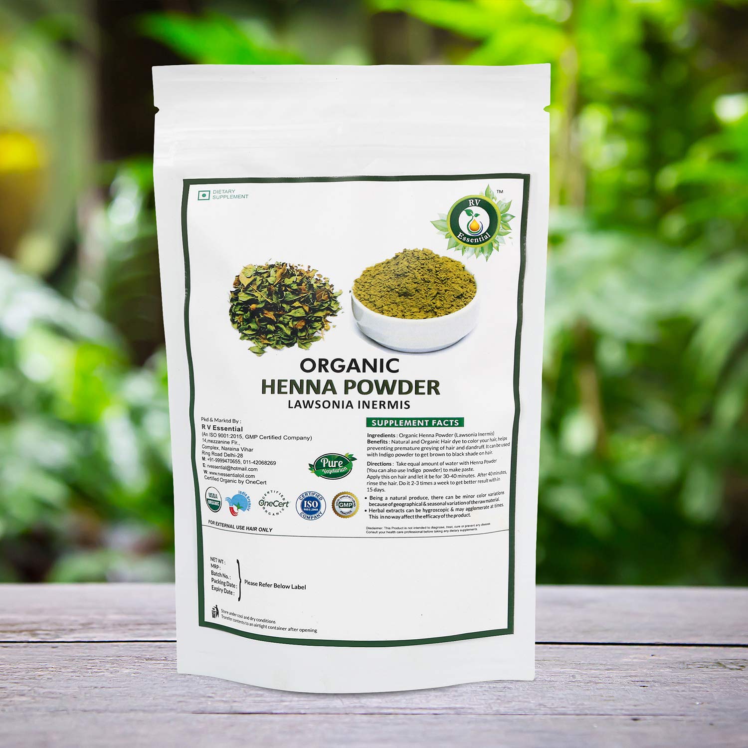 R V Essential Organic Henna Powder 100gm/ 3.53oz/ 0.22lb- Lawsonia Inermis Natural Henna Leaf Powder For Hair USDA Organic Certified Ayurvedic Supplement in Resealable and Reusable Zip Lock Pouch