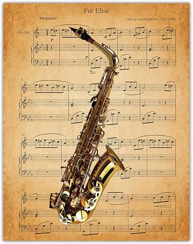 Vintage Saxophone Fur Elise Music Sheet Aesthetic Wall Art Prints for Bathroom, Home, Man Cave, Dorm, Office & Bar Wall Decor Poster - Creative Idea