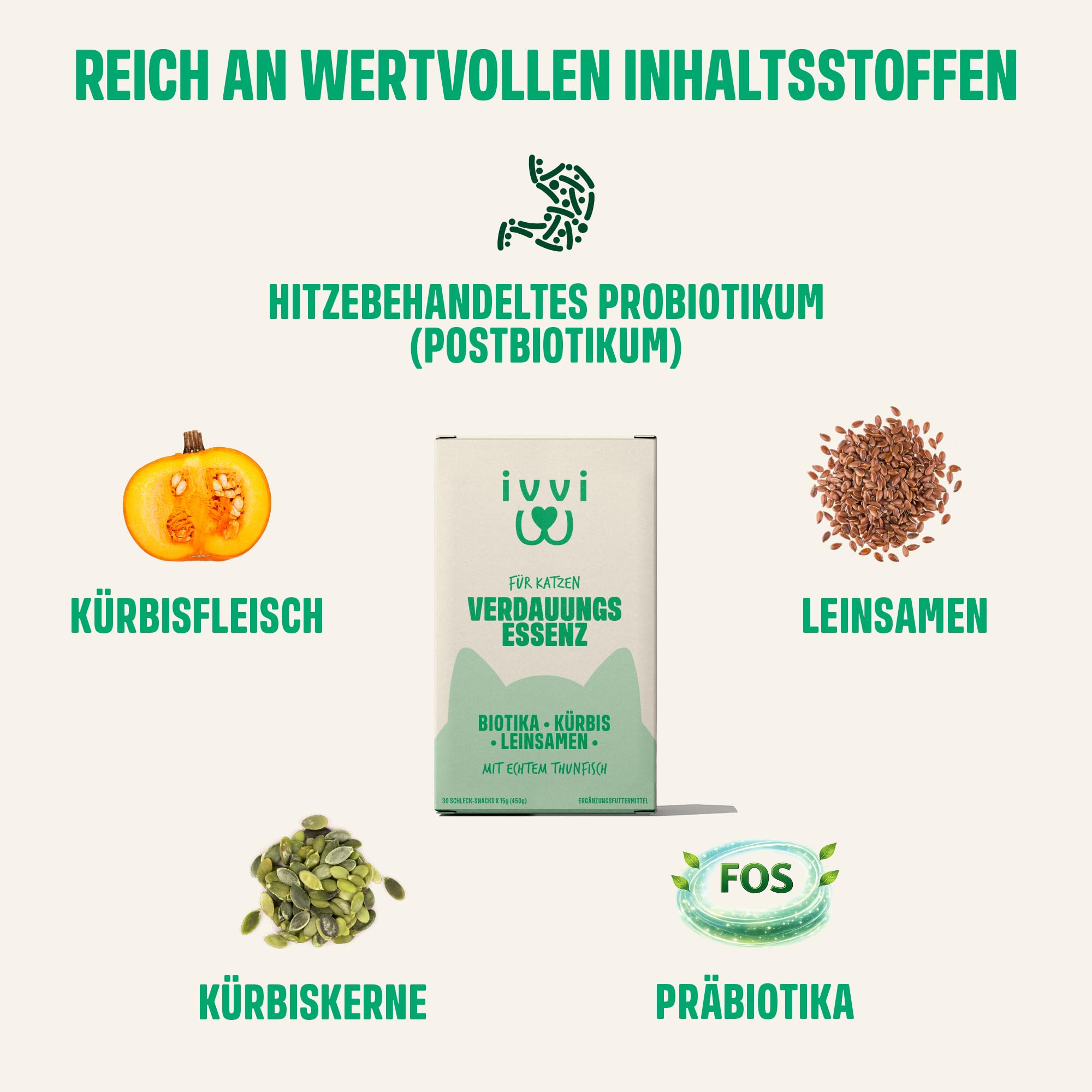 ivvi Verdauungs Essenz für Katzen – 30 cremige Schleck-Snacks mit Thunfisch, Kürbis, Leinsamen & Postbiotikum (aus Probiotika) – Verdauung, Darmflora & Wohlbefinden – ohne künstliche Zusätze – 450 g