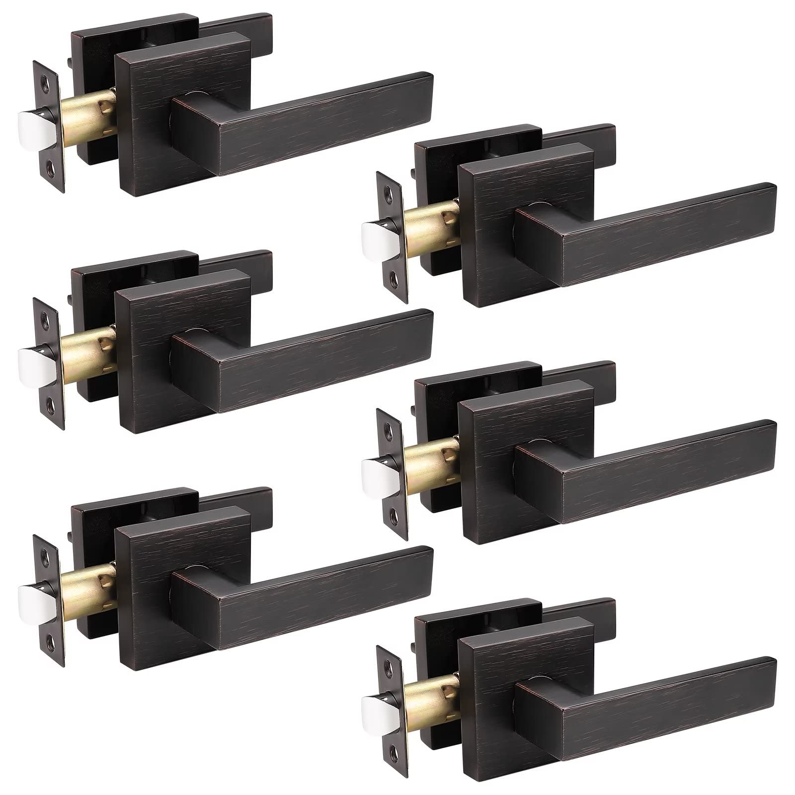 Probrico 6 Pack Heavy Duty Passage Door Lever for Closets and Hallway, Moden Square Keyless Door Handle Set with Oil Rubbed Bronze Finish, Non-Locking Interior Door Knobs