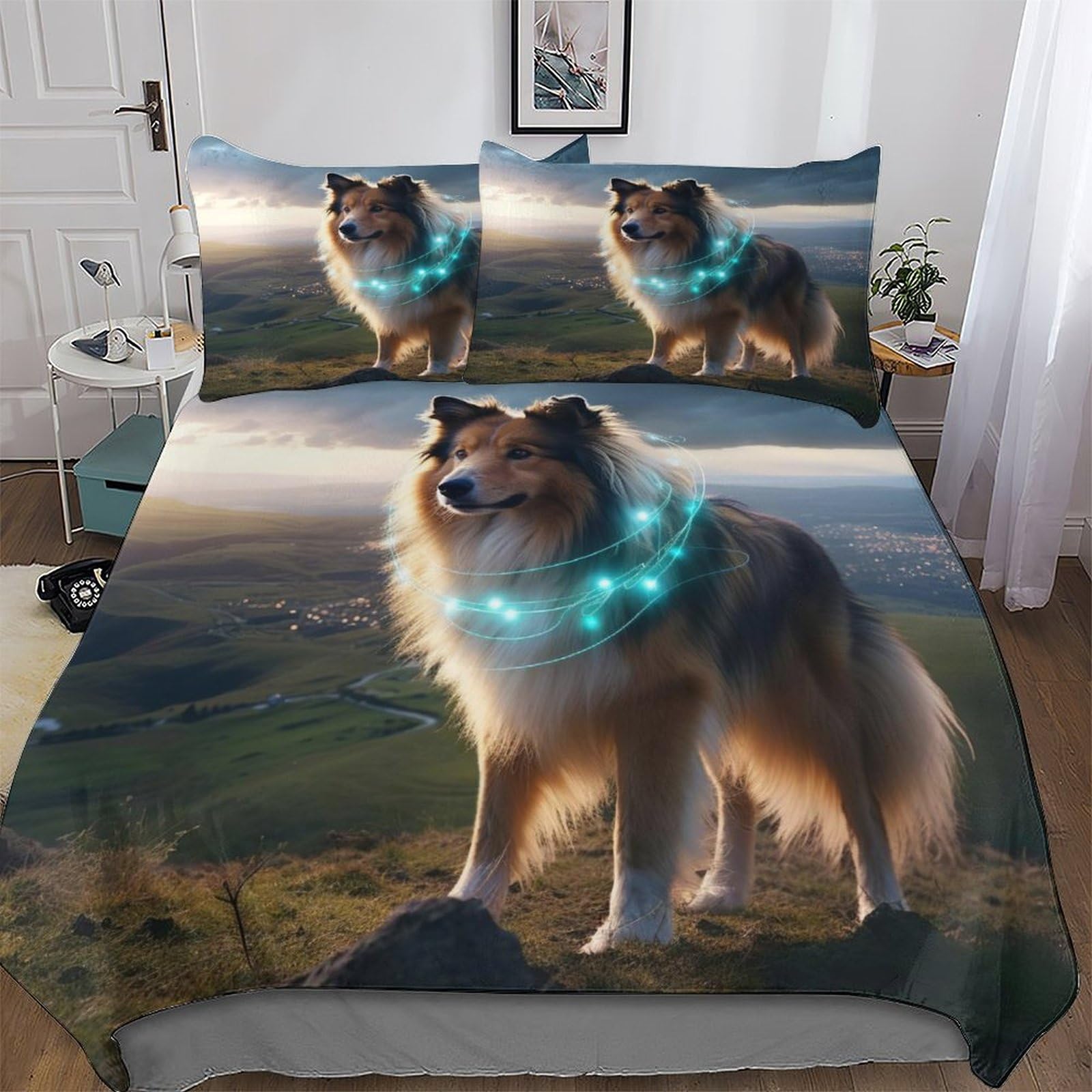 Housse de couette chien parure de lit 3 pièces microfongre King 220x240 cm
